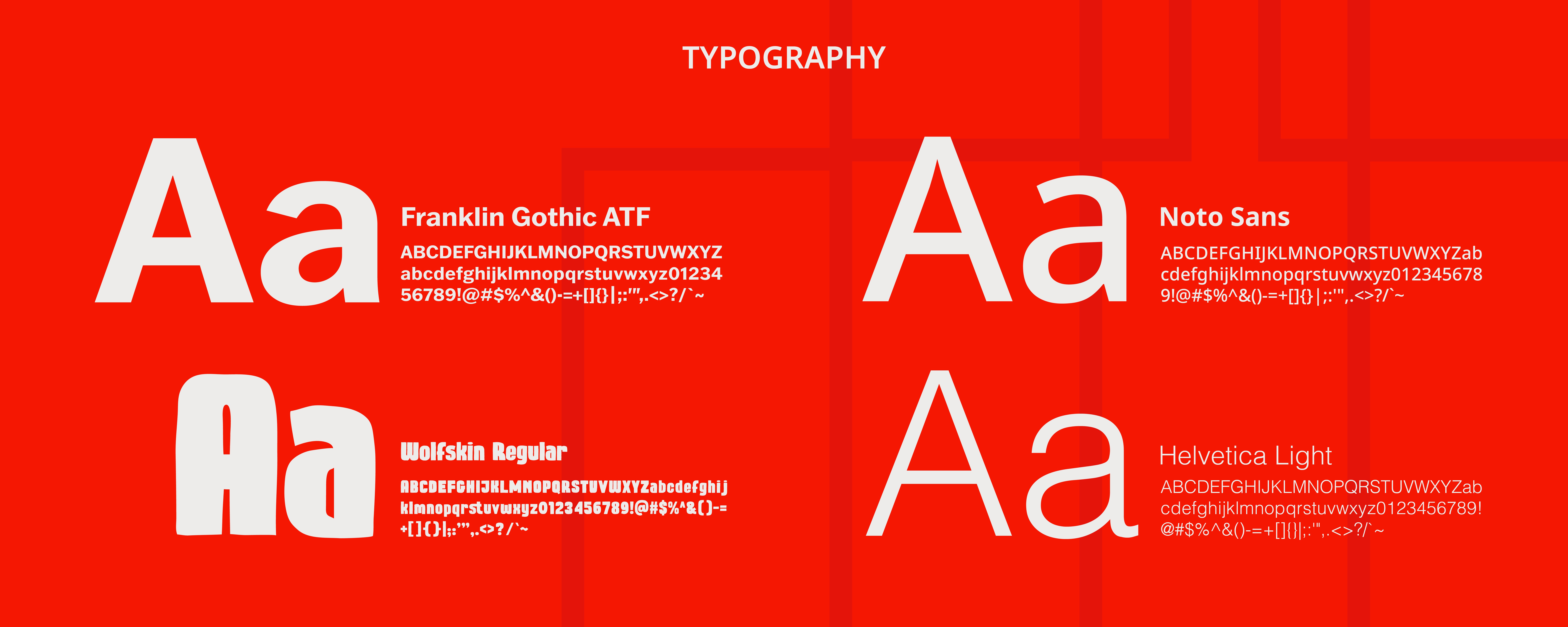 Final MML typography system: Franklin Gothic ATF, Wolfskin Regular, Helvetica Light and Noto Sans Light